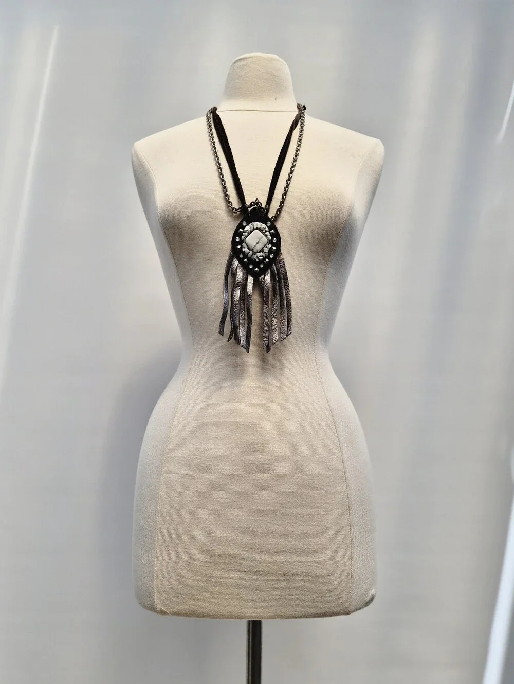 Leatherock Western Rocker Fringe Necklace White Stone Studded Black Leather Cord